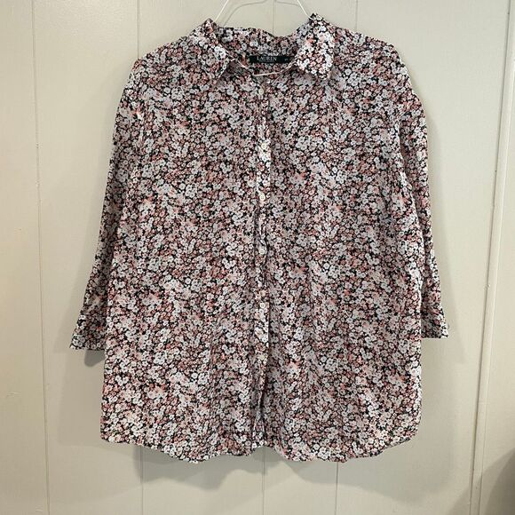 Lauren Ralph Lauren Floral Button Down Blouse 3X Women’s Pink Black White Print - Picture 1 of 7